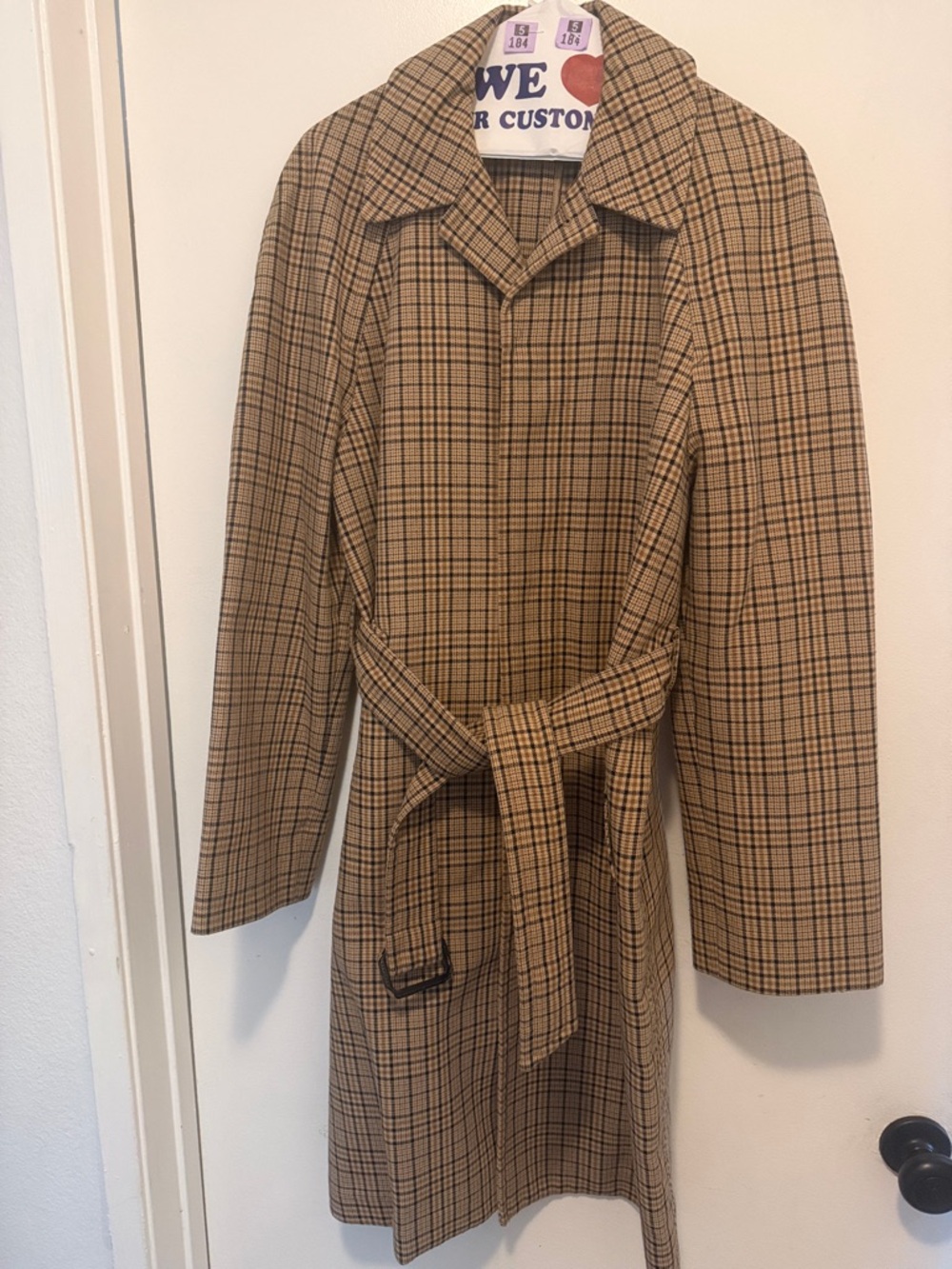 Sandro Plaid Belted Trench Coat in Tan and Black